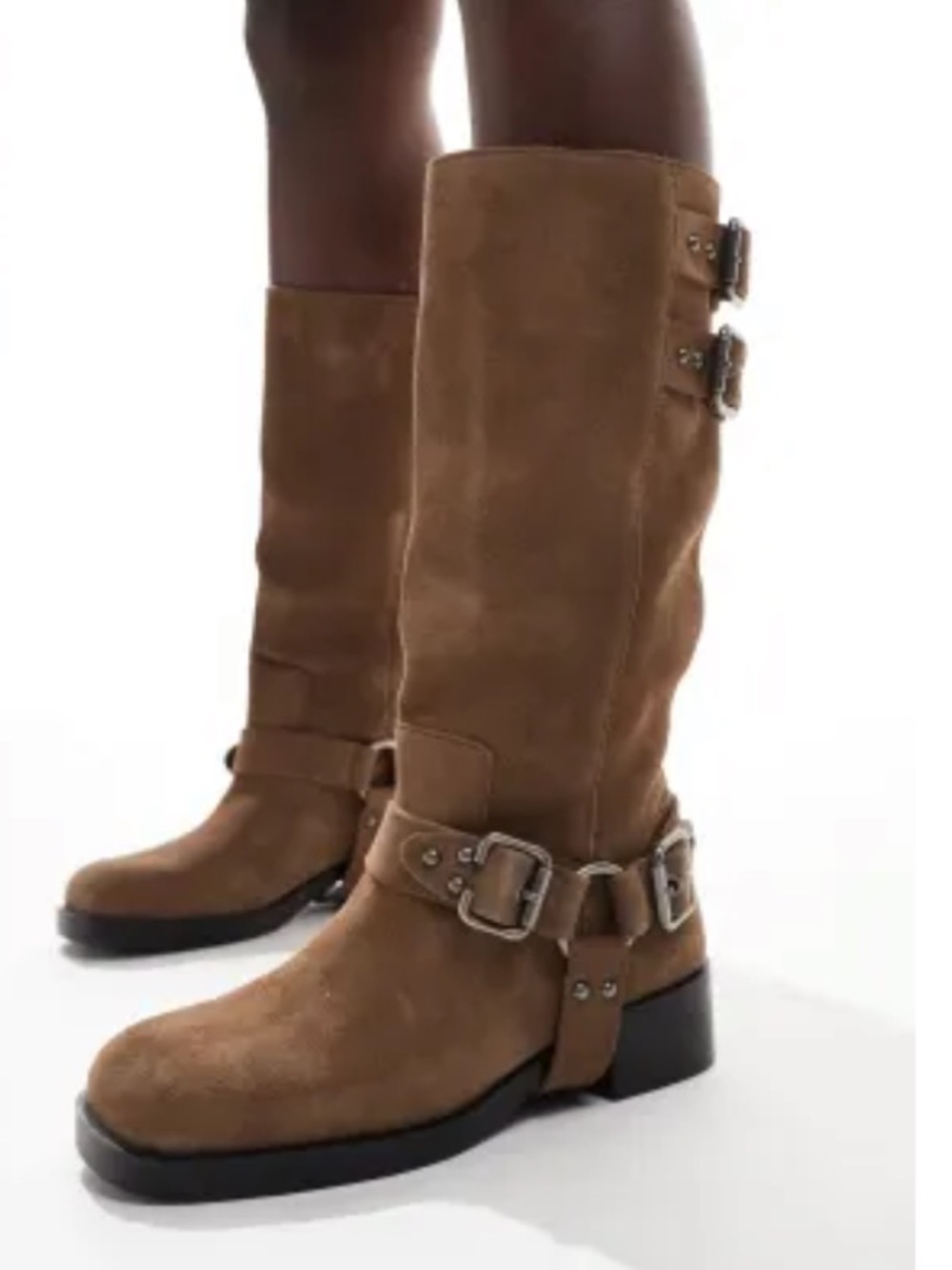 stradivarius Beige Suede Mid-Calf Buckle Boots